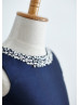 Beaded Navy Blue Taffeta Knee Length Flower Girl Dress